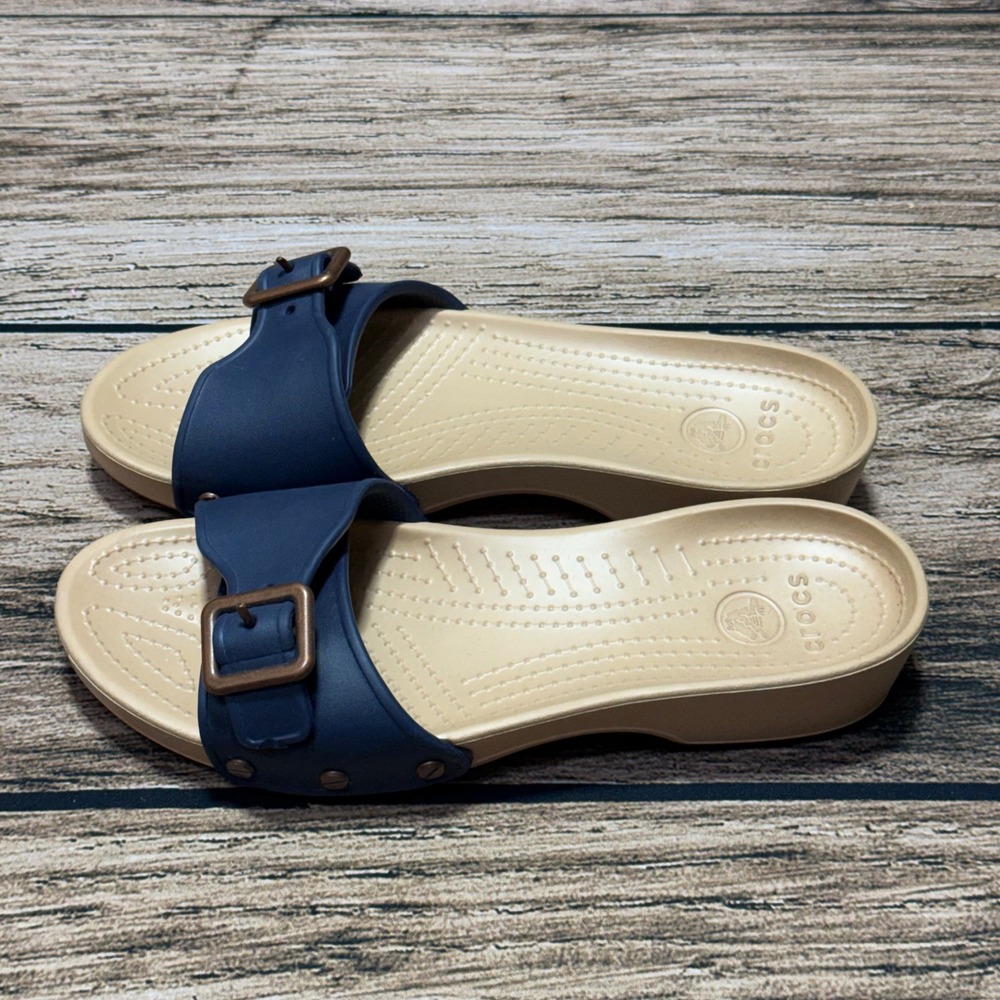 Crocs Slide Sandals Women 9 Navy Blue Sarah Buckle Studded Casual Comfort